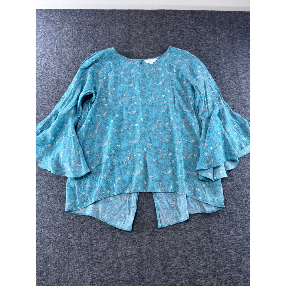 Lauren Conrad Teal Blue Floral Tiered Bell Sleeve Blouse‎ XXL Split Back Top